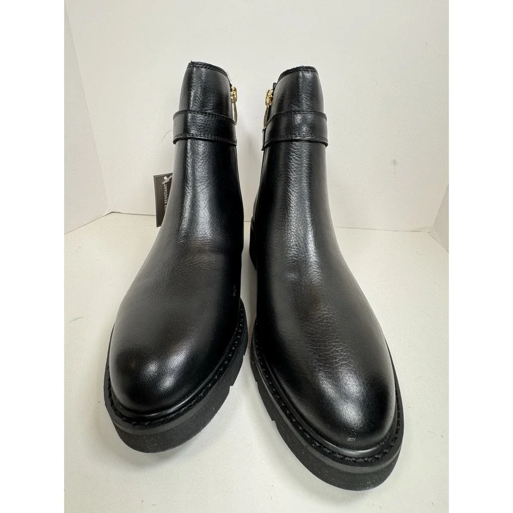 Franco Sarto Meridian Bootie Womens Size 10 Lug Sole Black Gold Buckle Fall New